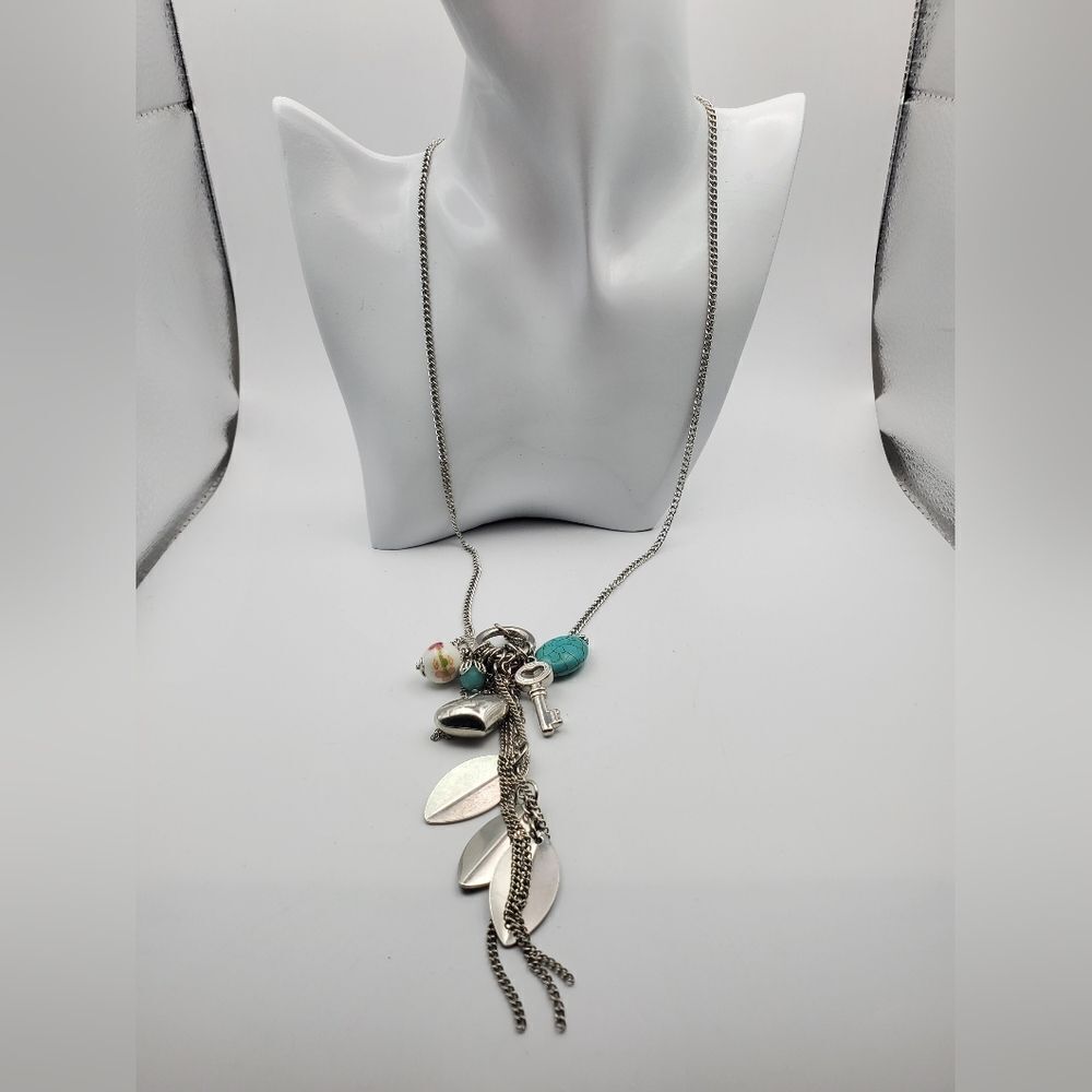 Boho feather closionne key and heart charm necklace‎ N0424
